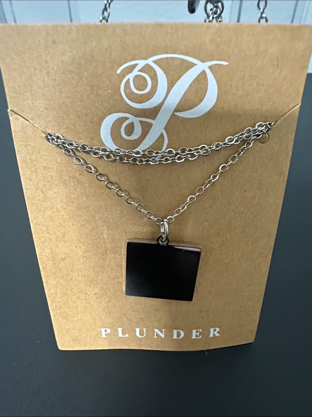 Plunder Silver Chain Layered Necklace with Black Square Pendant